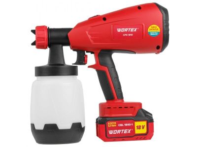 вид модели краскопульт аккумуляторный wortex cps 1810 в кор. all1 xlt set 18в, 1 акк., 4 ач, 700 мл/мин, 1 л б (18 в, 1 акк., 4 ач, зу, 700 мл/мин, 1 л бак, 2.6 мм сопло, 50 din)